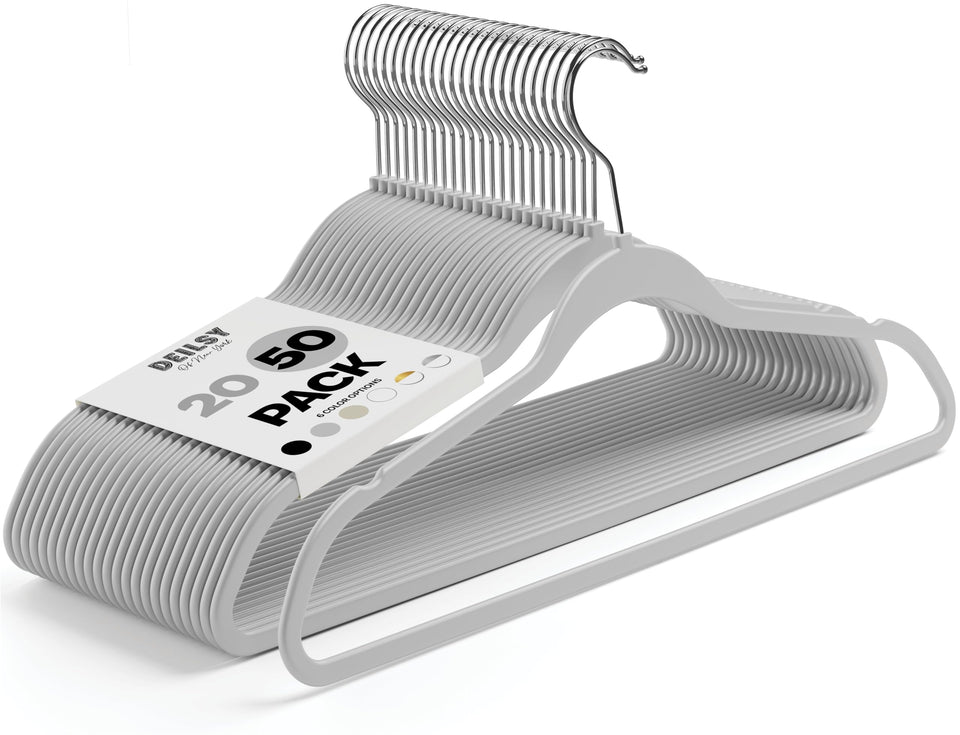 DEILSY Gray Hangers Pack showcases slim plastic design for space-saving closets.