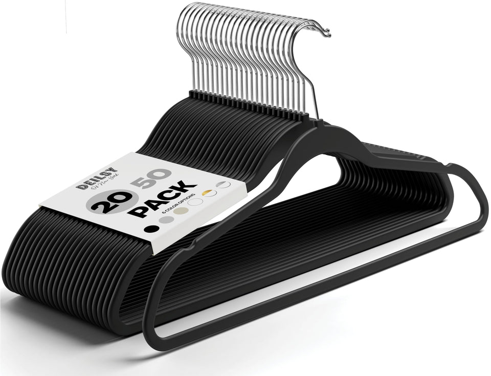 DEILSY plastic hangers 20-pack, sturdy and space-saving for closets.