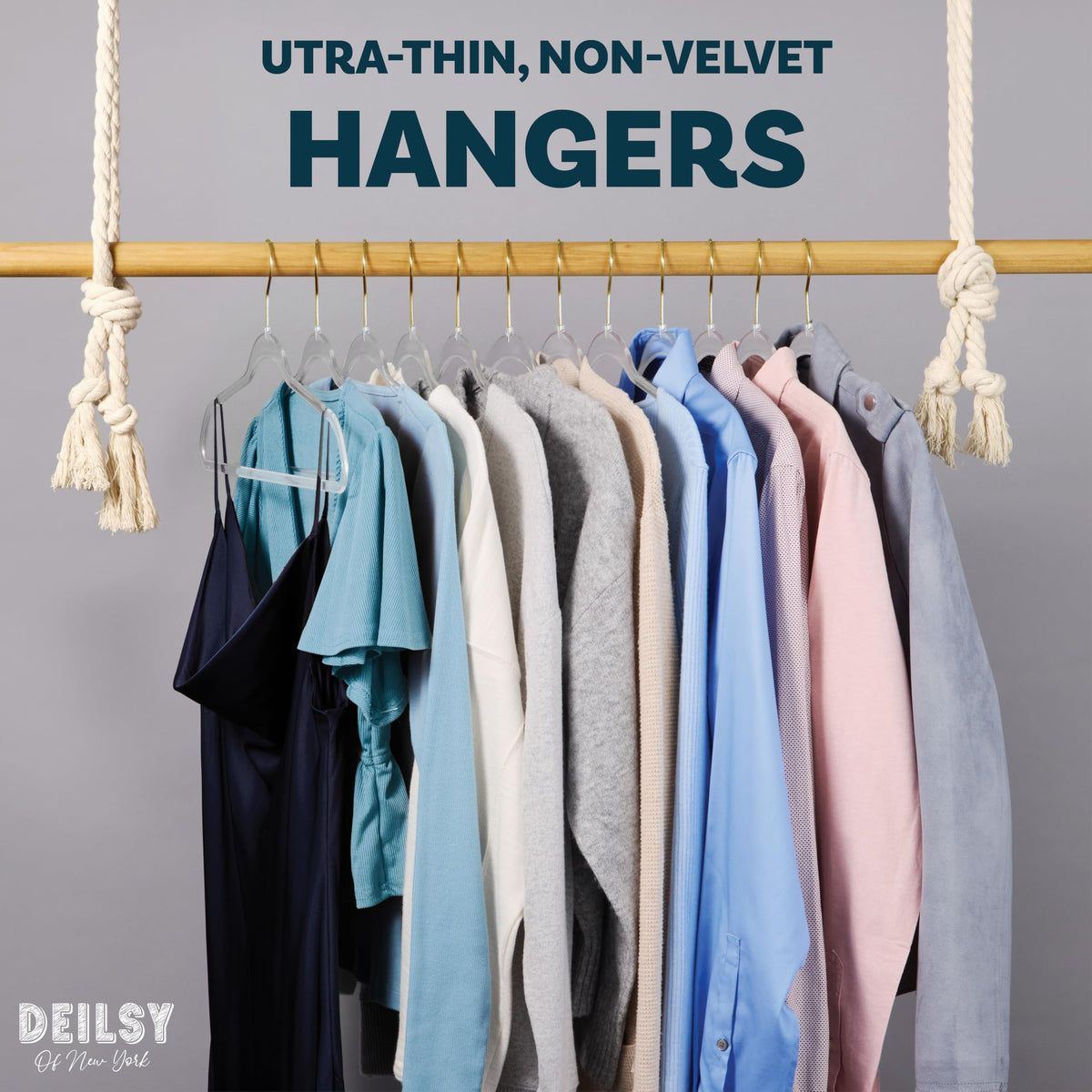 DEILSY slim non-velvet hangers ideal for space-saving closet use.
