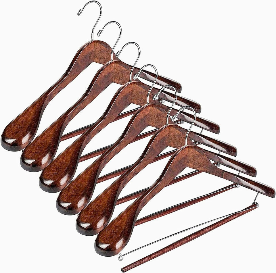 DEILSY wide shoulder wooden hanger with non-slip pant bar for sturdy suit organization.
