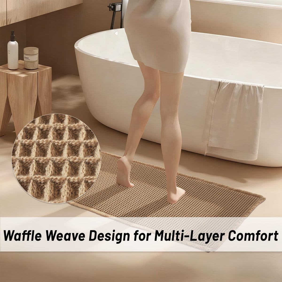 Dekafri waffle mat fits in front of shower, tub, vanity, or sink.