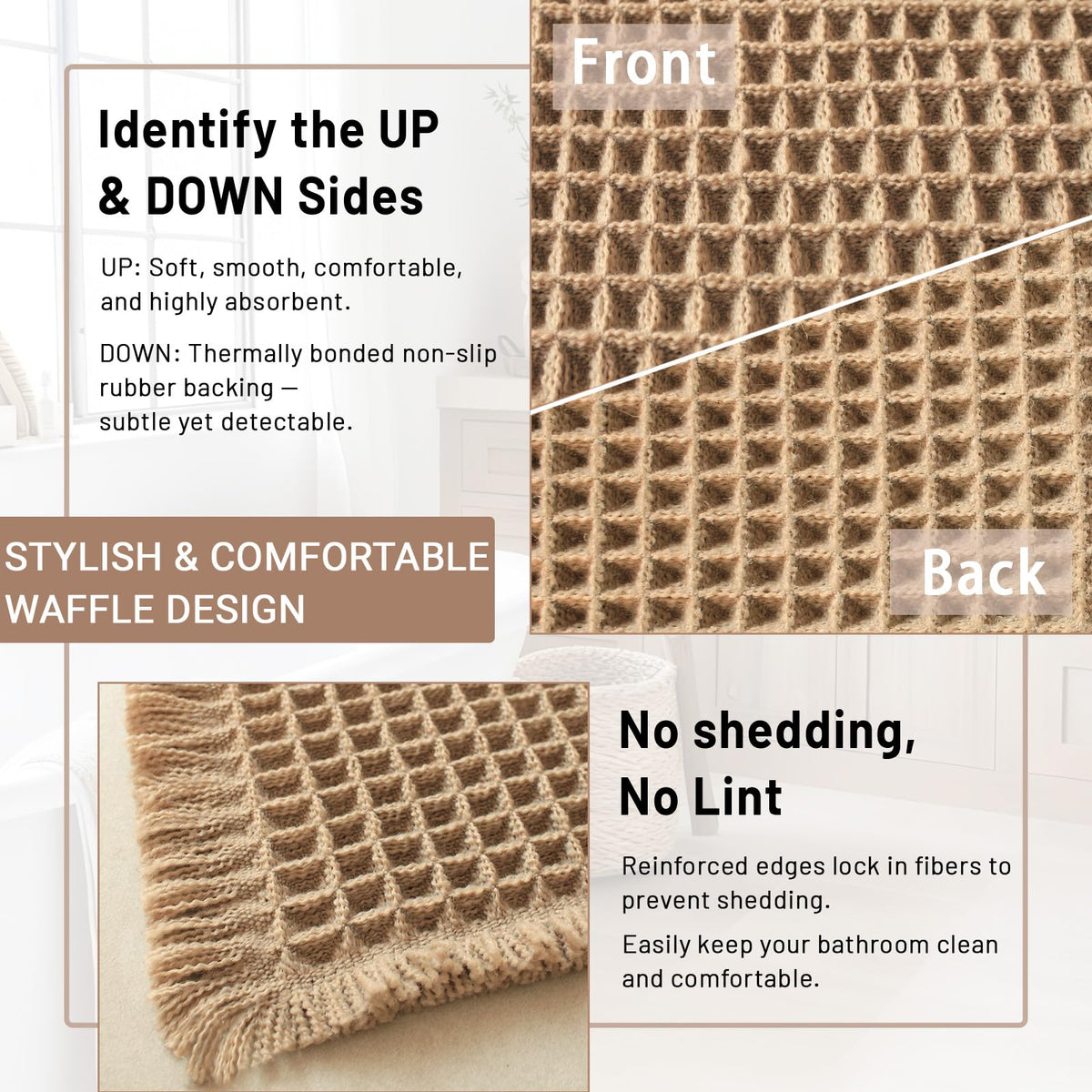 Dekafri waffle bath mat with non-slip backing stays secure on wet floors.
