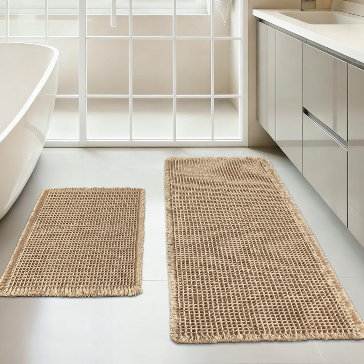 Dekafri waffle bath mat set of 2 in brown shows soft texture for feet.