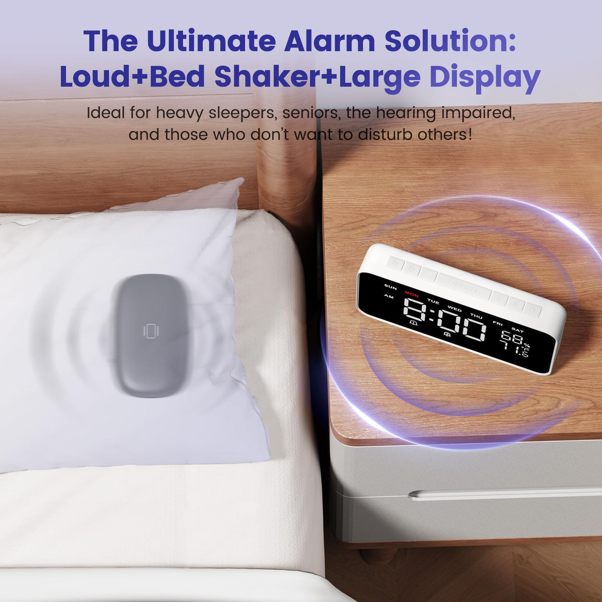 Dekala dual-alarms display highlighted with easy-to-use snooze.