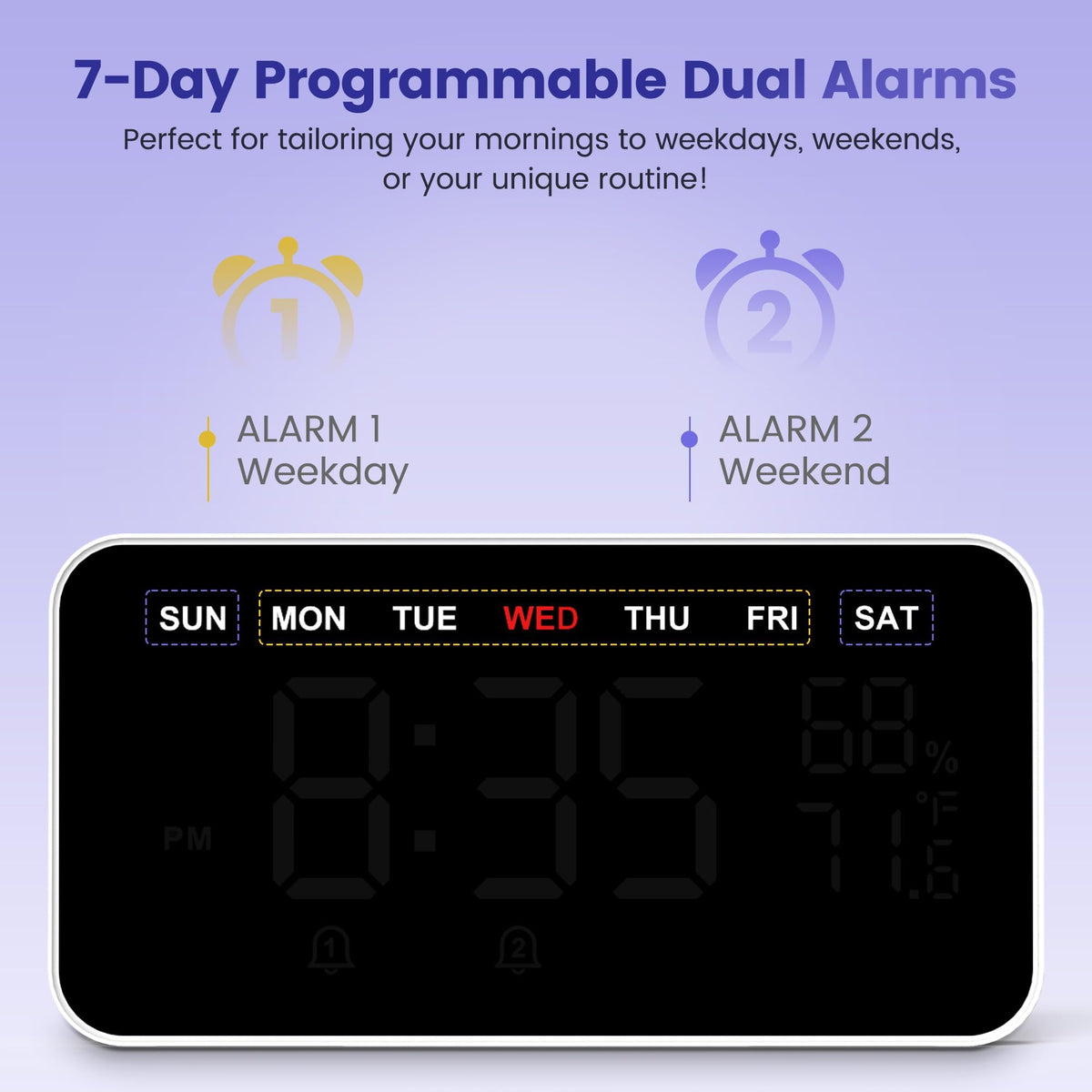 Dekala large-digits display provides clear time at a glance.