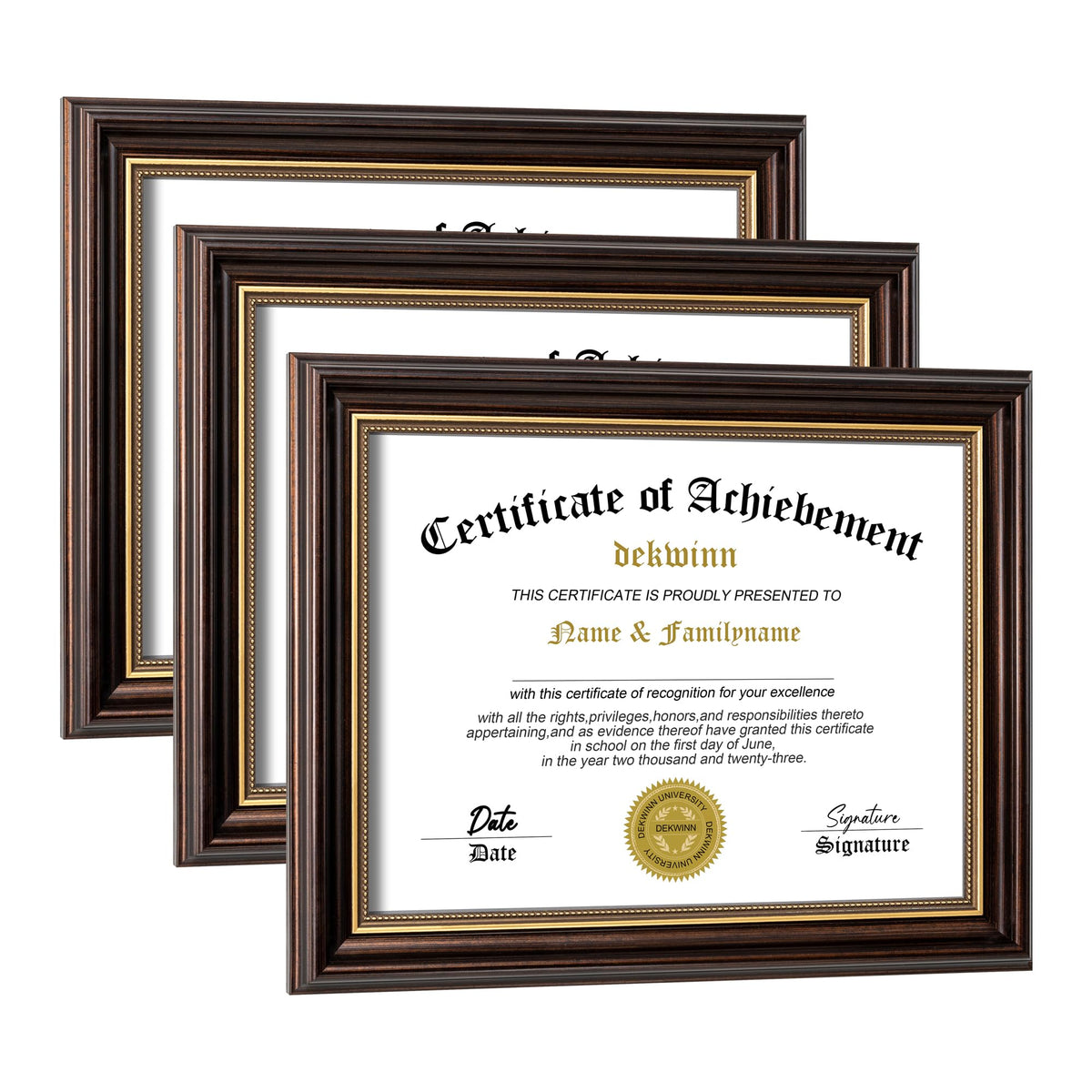 DEKWINN 8.5x11 diploma frame set 3 with reddish-brown gold trim protects certificates