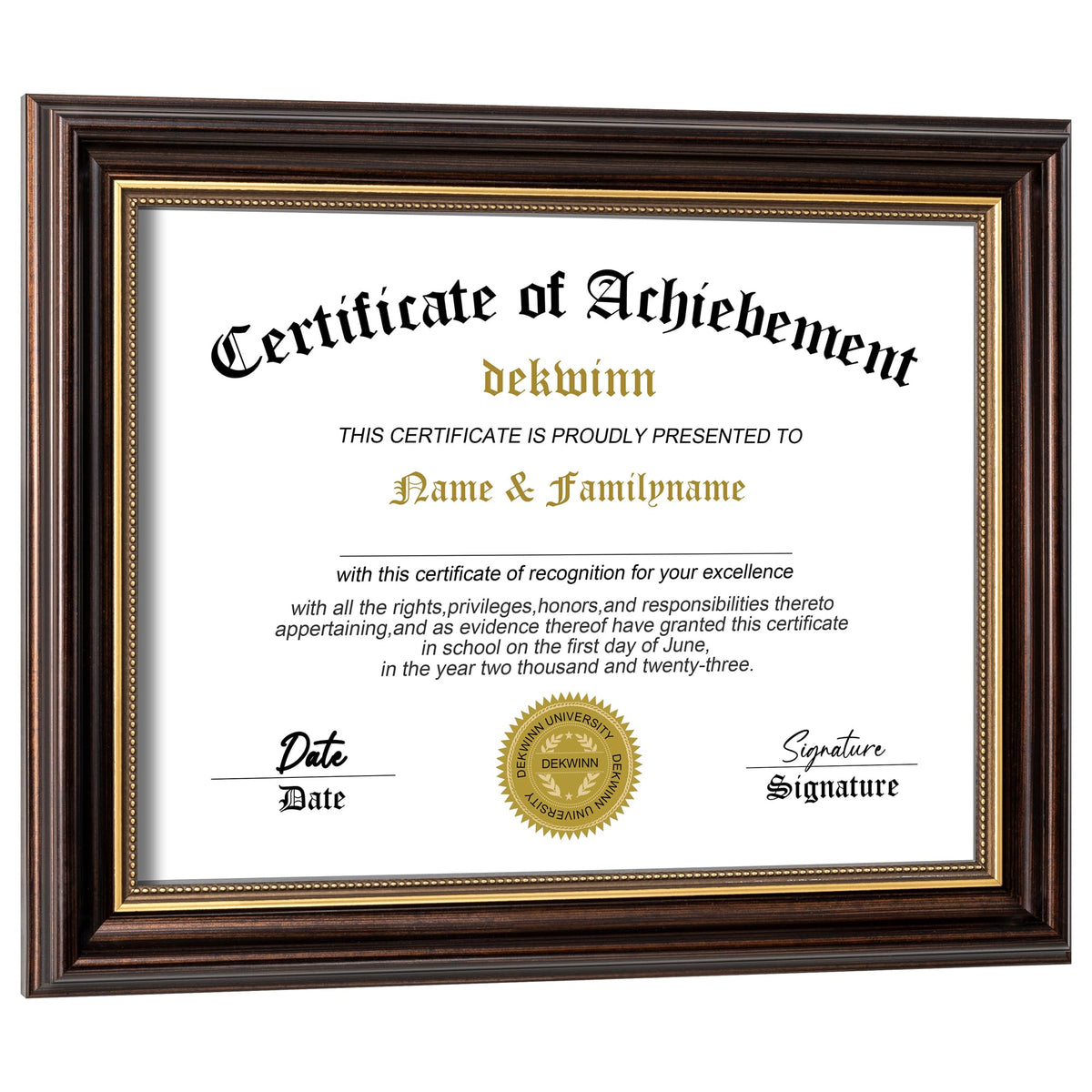 DEKWINN diploma frame 8.5x11 front view in warm reddish brown with gold trim.