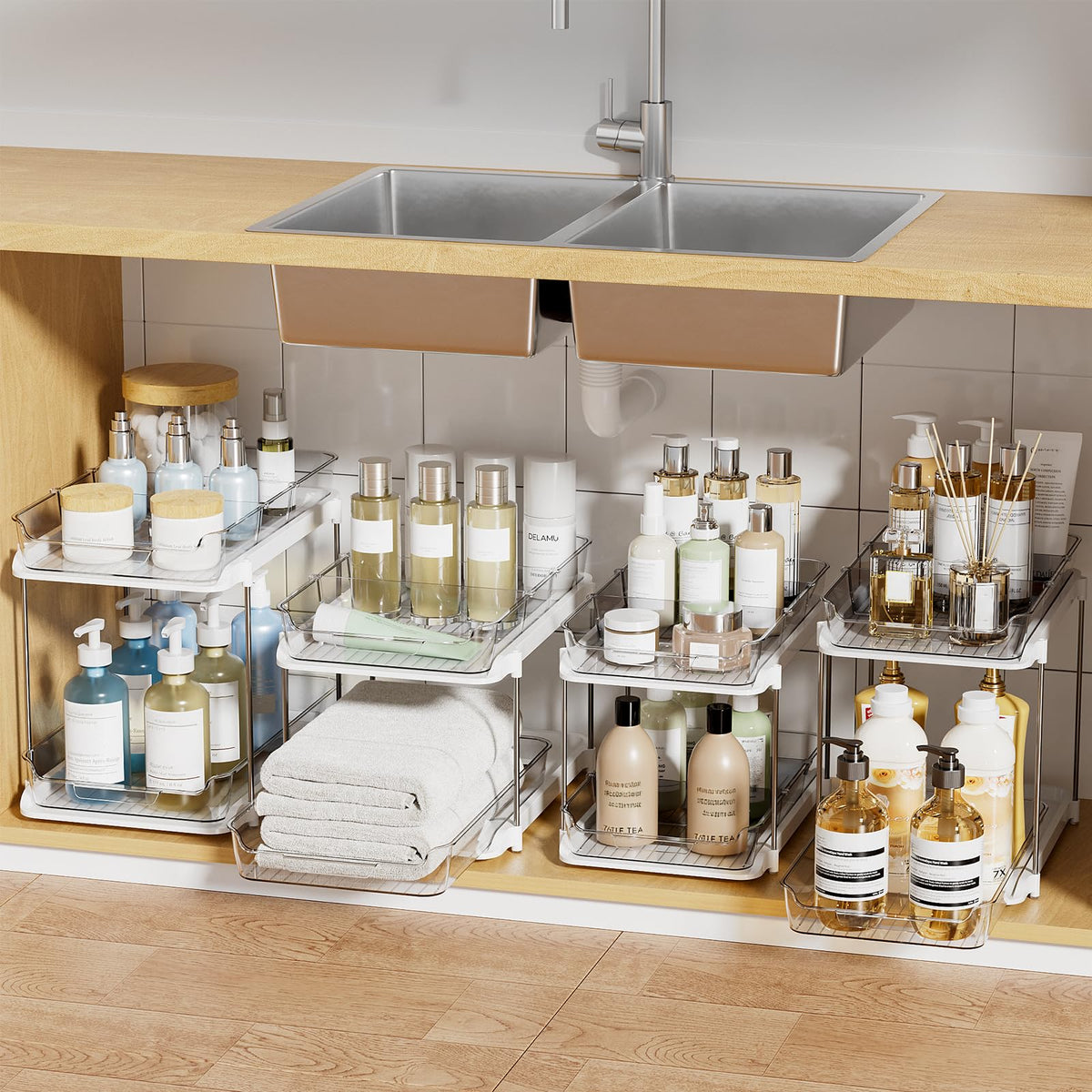 Delamu 2-tier under-sink organizer with pull-out drawers for easy access.
