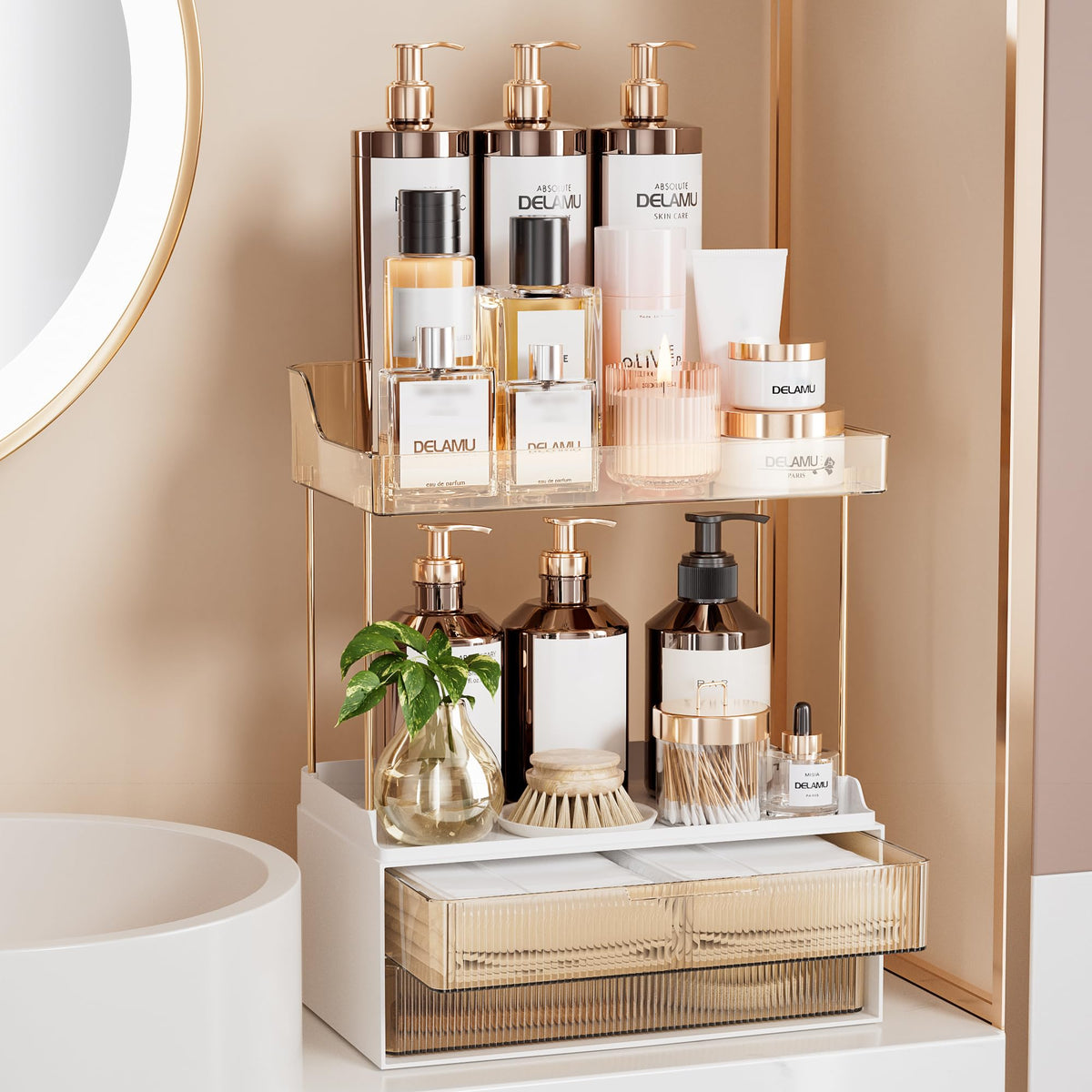 Delamu amber 2-tier makeup organizer on bathroom counter keeping skincare handy.