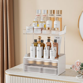 Delamu 2-drawer makeup organizer with clear drawers for cosmetics visibility.