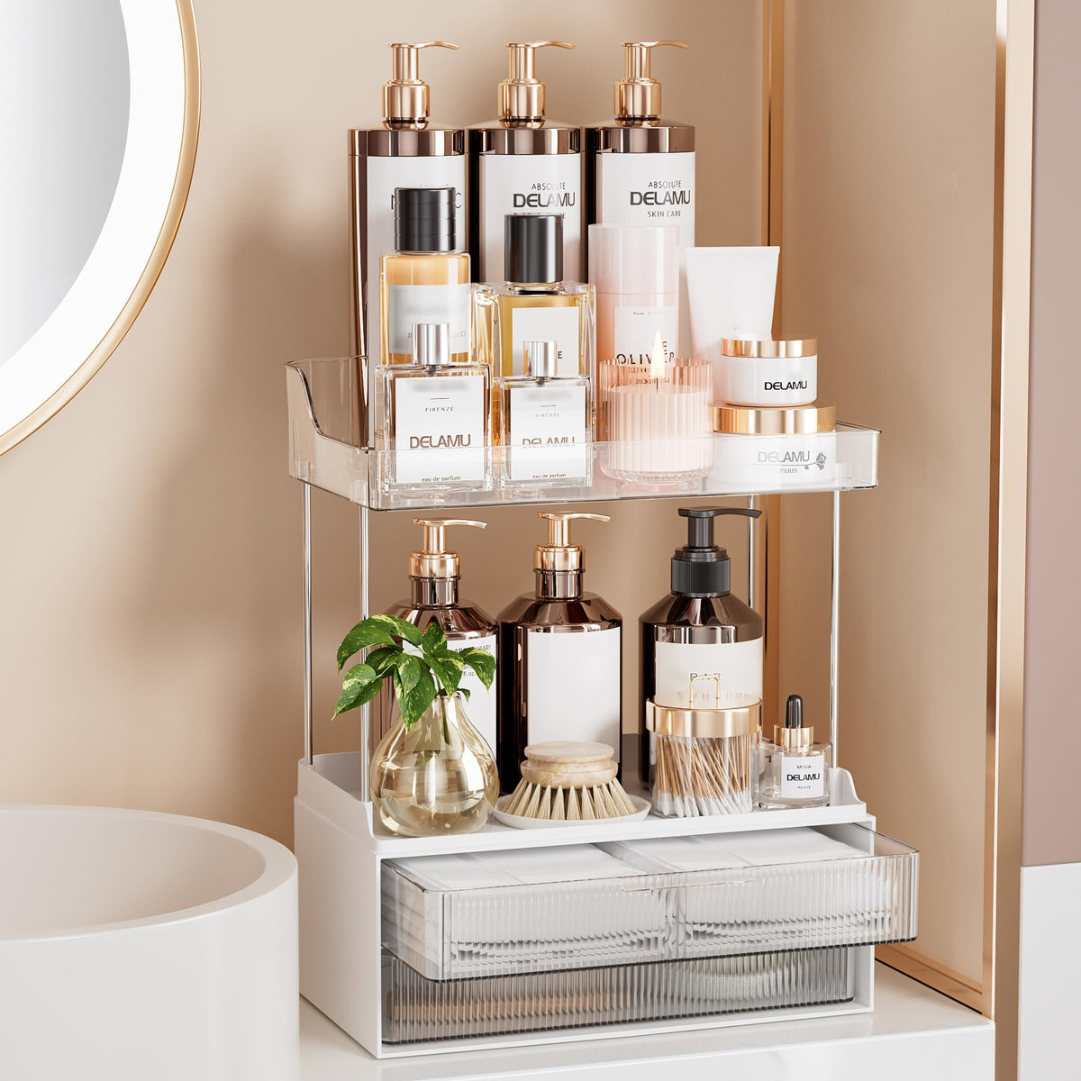Delamu bathroom organizer with tall-bottle storage for skincare and fragrances.