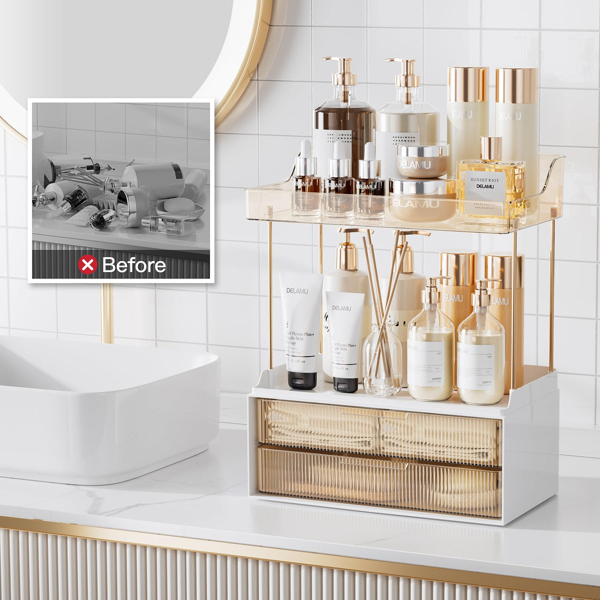 Versatile storage for bathroom, kitchen, or vanity spaces.