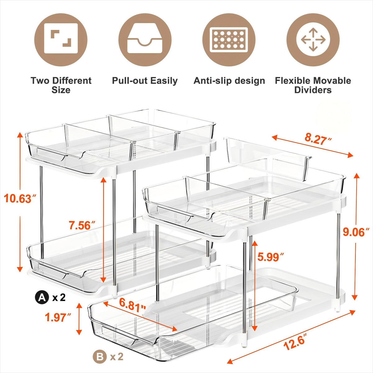 Delamu bathroom organizer with movable dividers for customized storage.