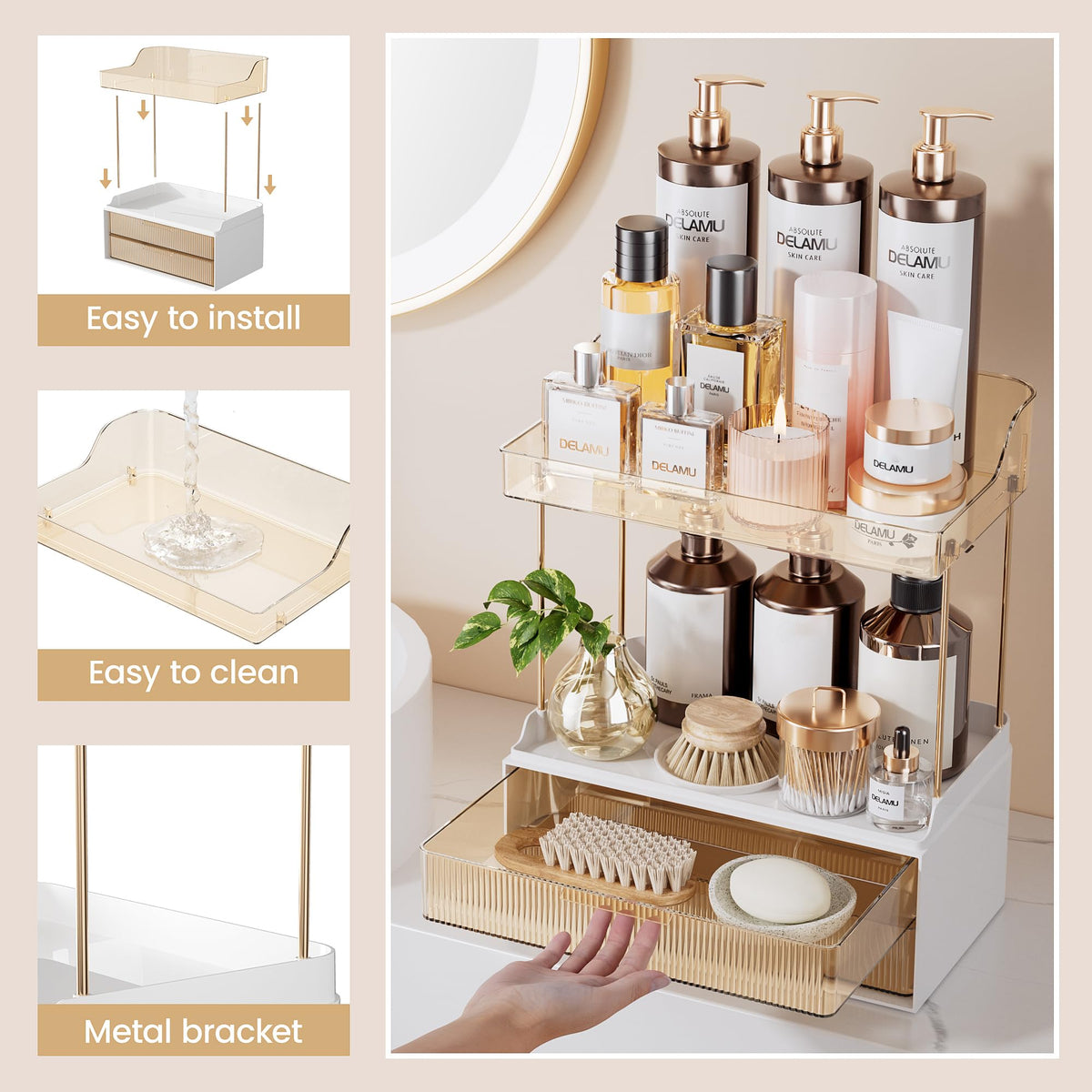 Amber finish adds a touch of elegant style.