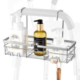 DELLAN hanging shower caddy over chair armrest keeps essential bath products within reach.