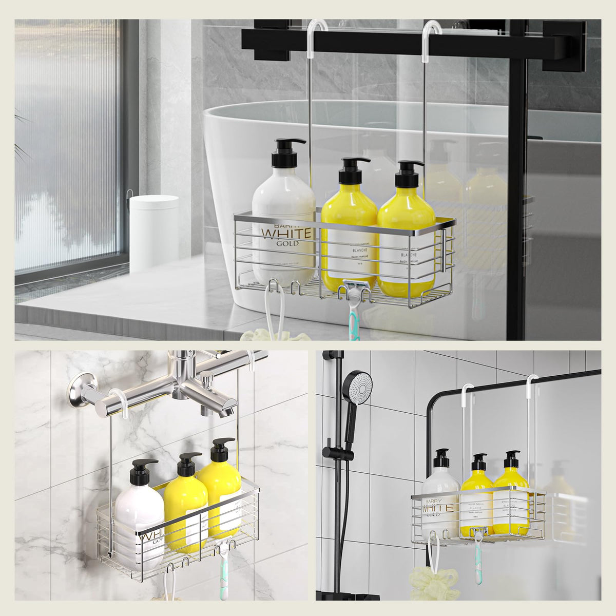 DELLAN shower caddy basket with hooks keeps bath essentials organized