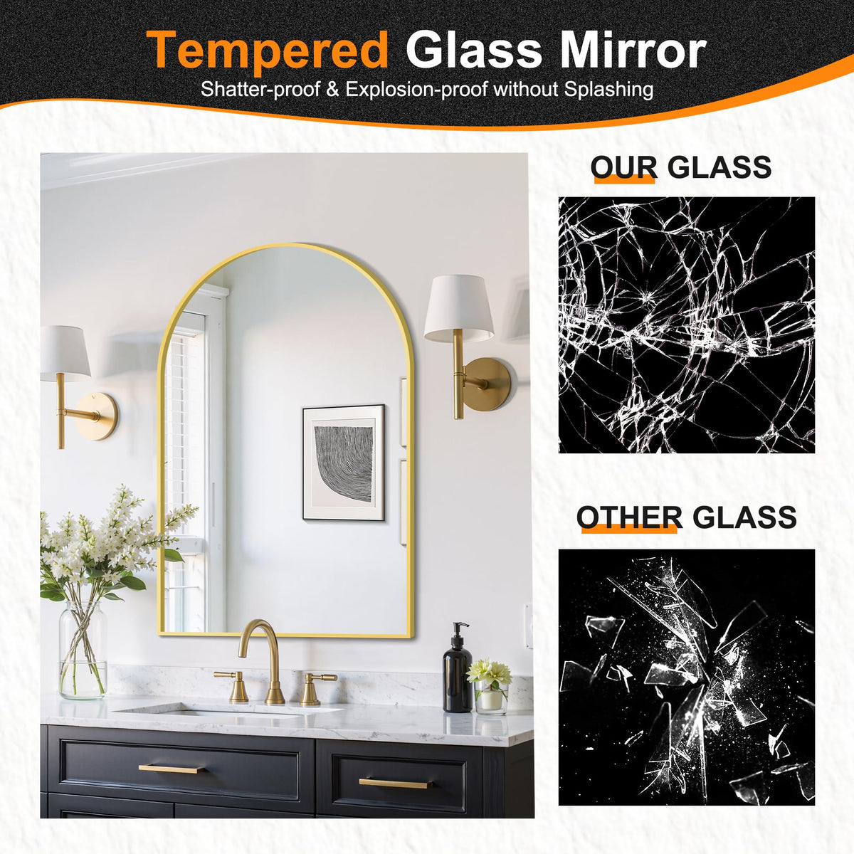 Delma arched mirror bathroom setup reflecting light and creating openness