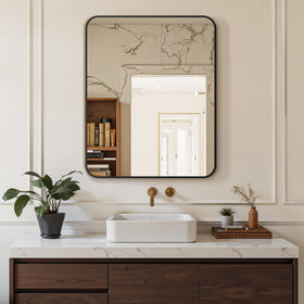 Delma horizontal-mount mirror in a black frame ideal for compact bathrooms.