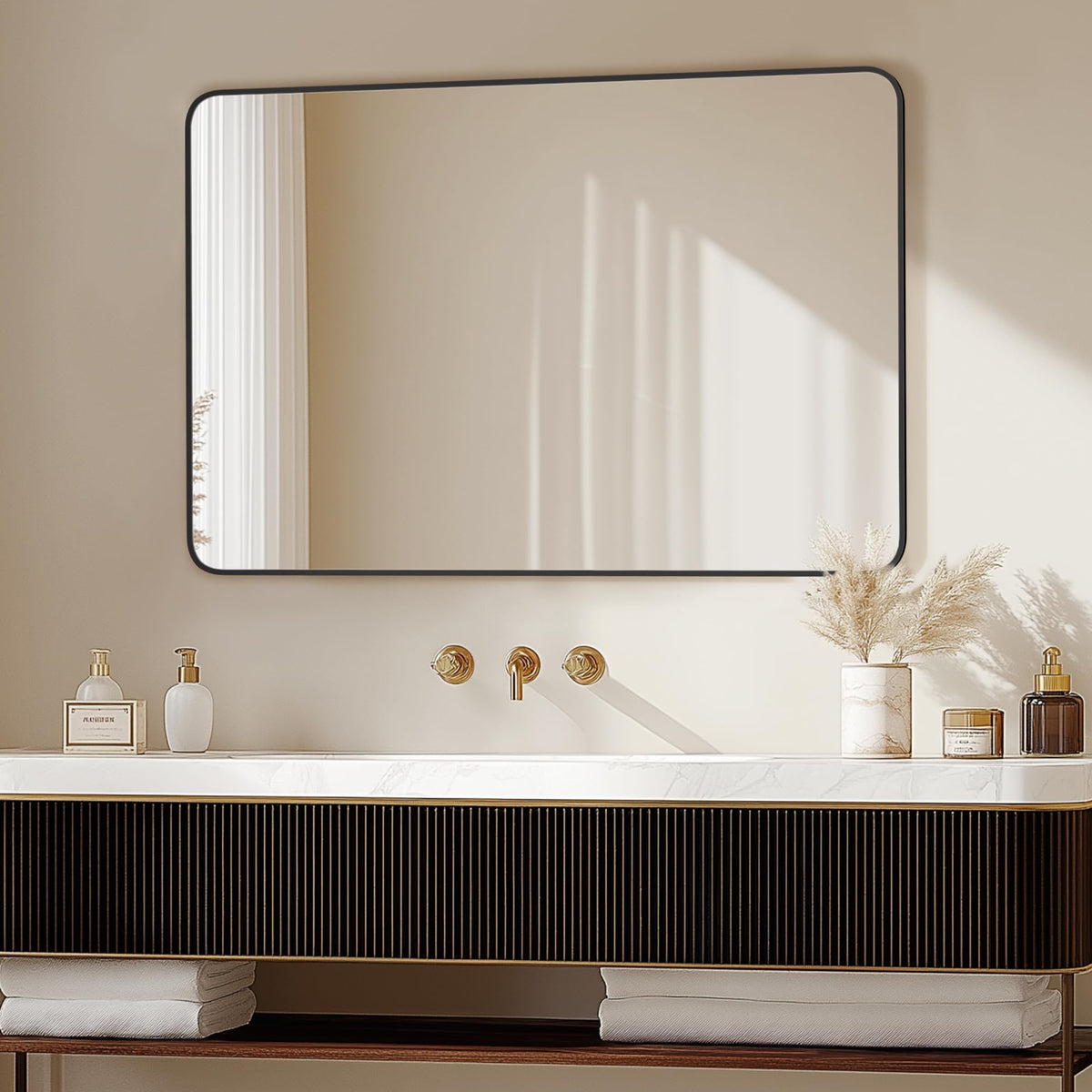 Delma modern black-framed mirror with sleek design enhances any bathroom.