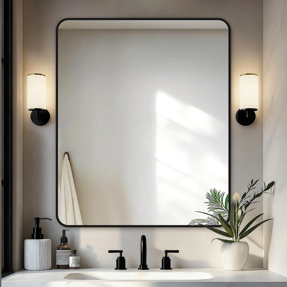 Delma bathroom mirror over sink with black frame for crisp grooming reflections