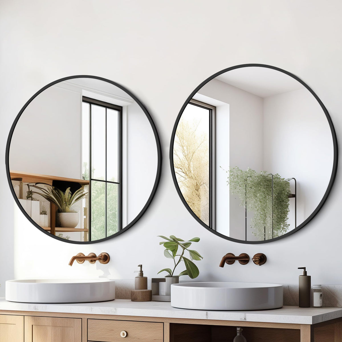 Delma Black Round Mirror 22-Inch bathroom vanity suits sleek interiors.