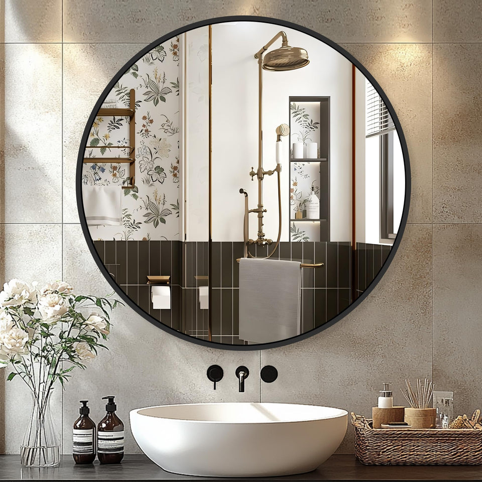 Delma Black Round Mirror 22-Inch frame closeup showing a sturdy metal edge.