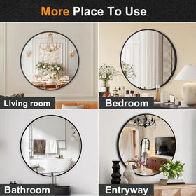 Delma Black Round Mirror 22-Inch living room decor adds contemporary charm.