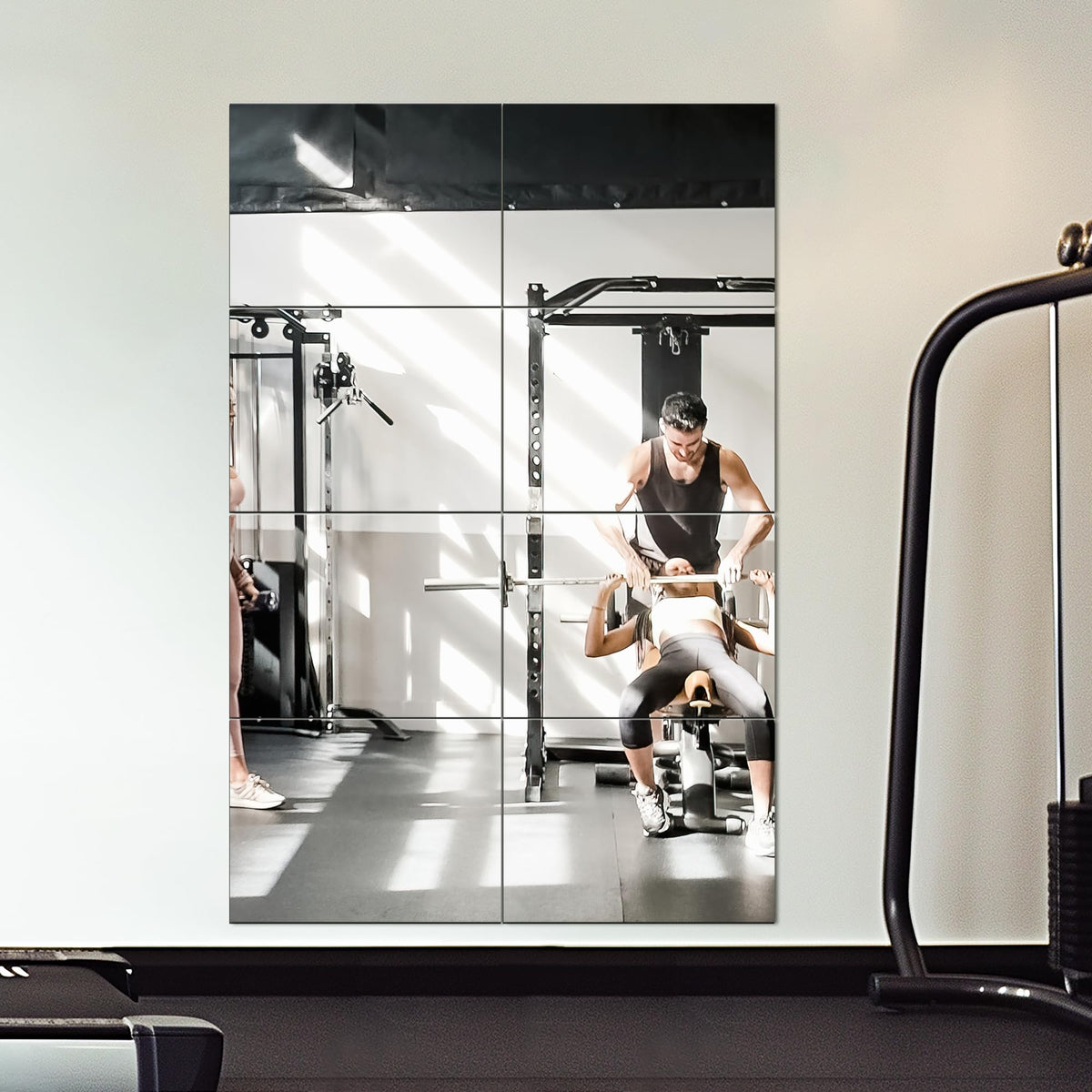 Delma frameless mirror tiles close-up showing crisp reflections and frosted edges.