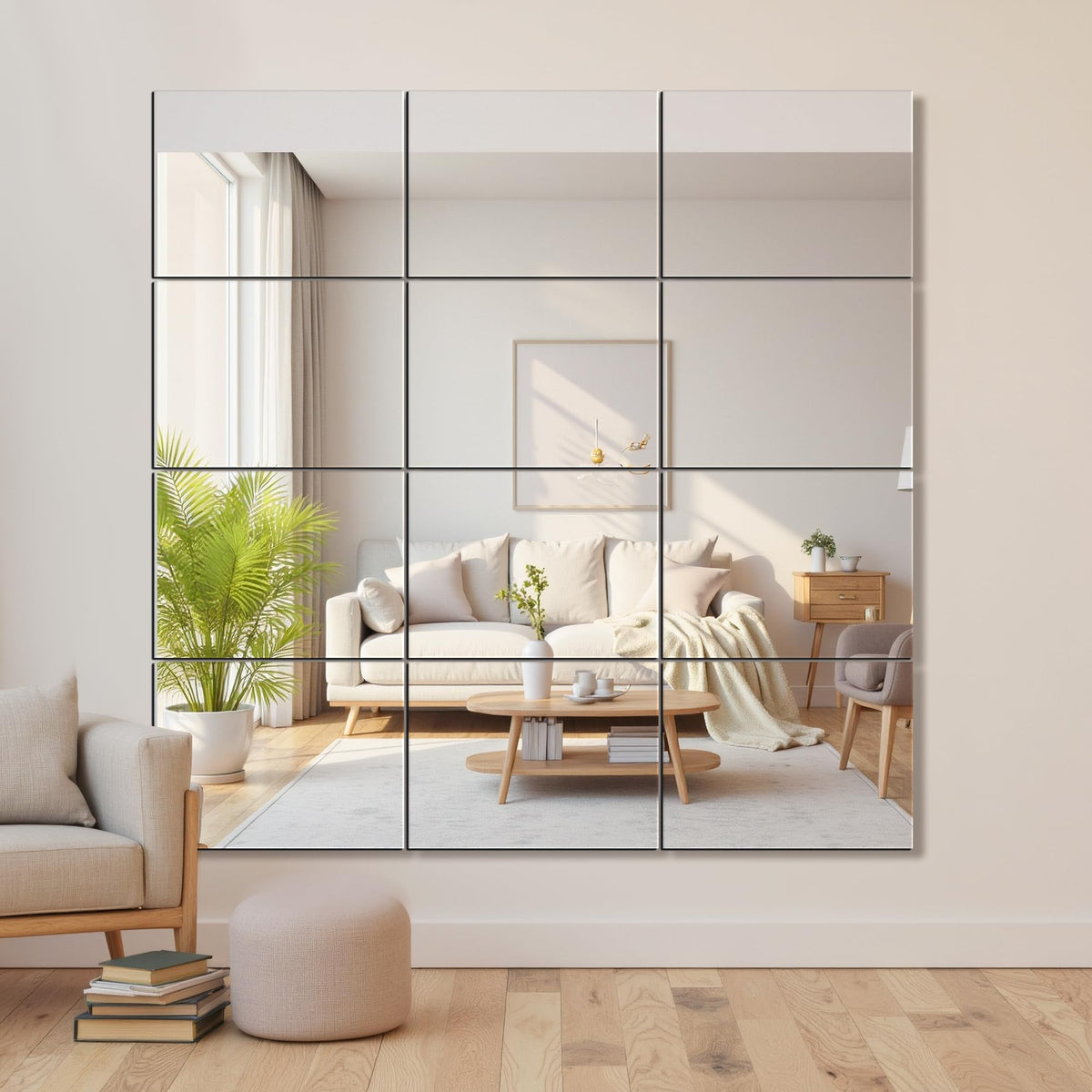 Delma frameless mirror tiles add contemporary appeal to bedrooms and entryways.