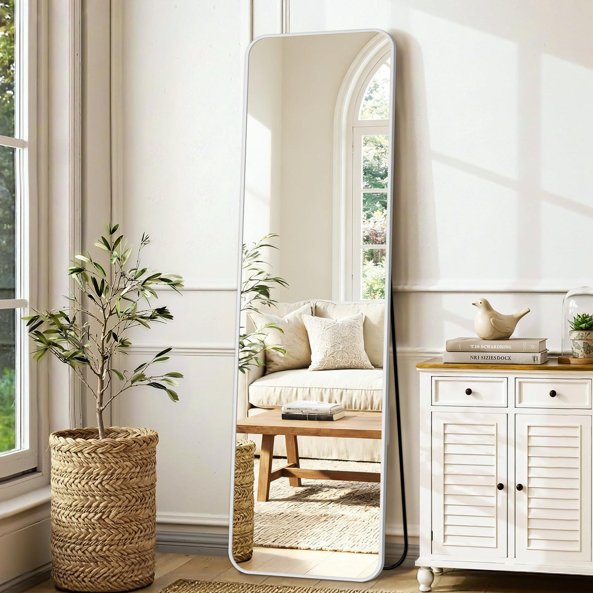Delma full-length mirror 56x15 rounded-corners detail adds soft, modern style.