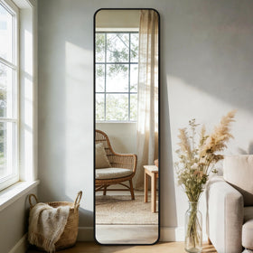Delma mirror offers versatile placement for living room or bedroom.