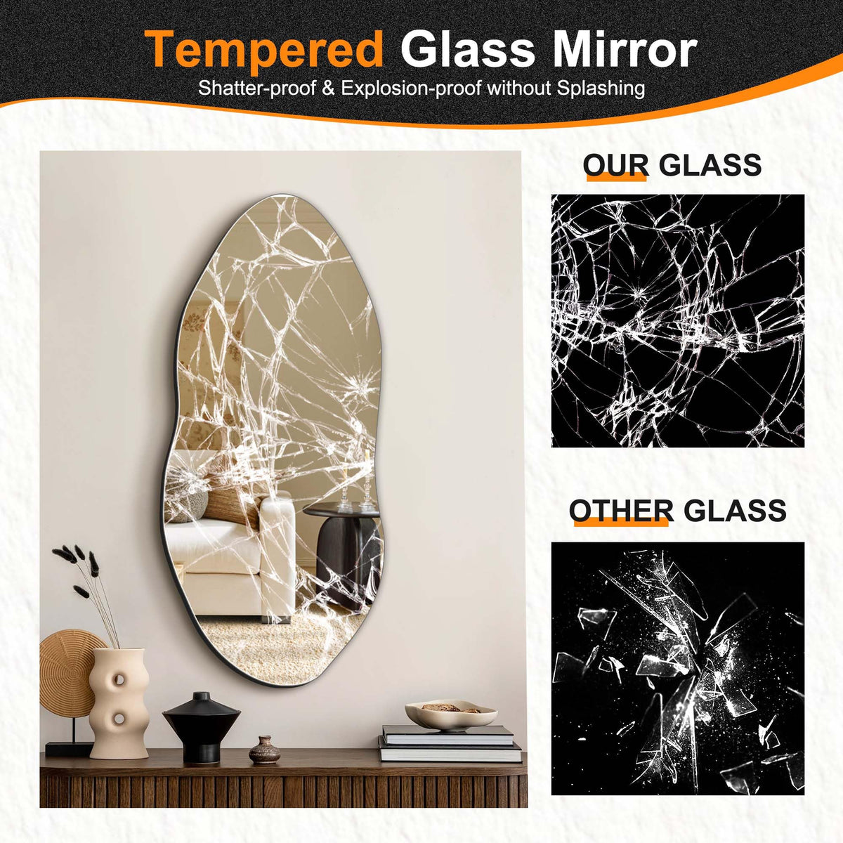 Delma irregular mirror shows black backboard for strength and sleek look.