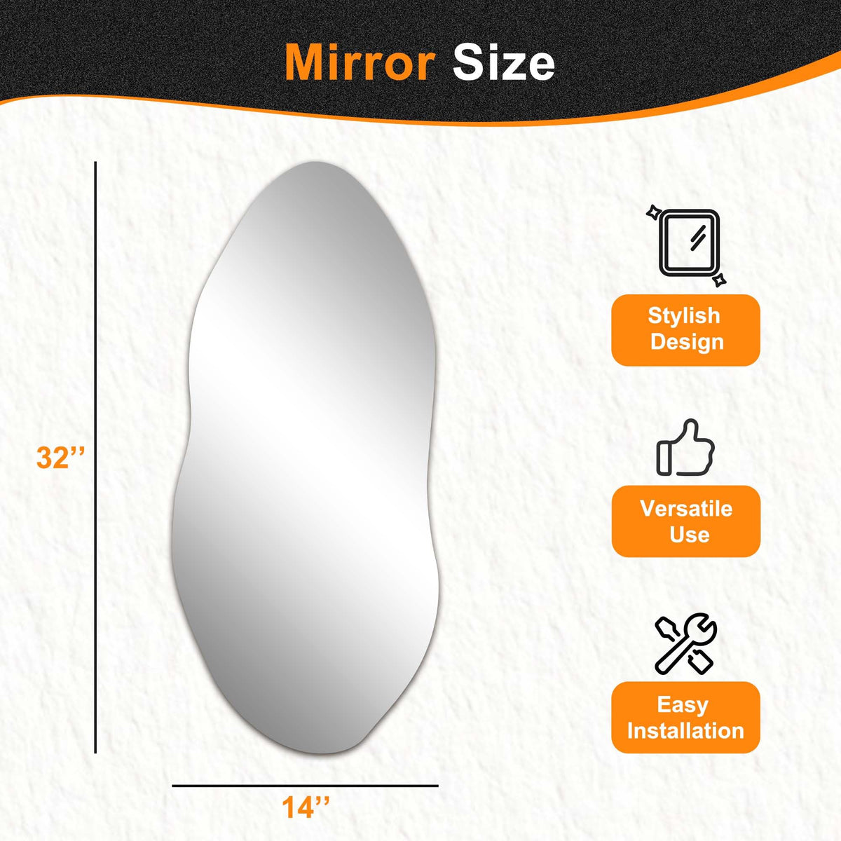 Delma irregular wall mirror in living room adds depth and modern flair.