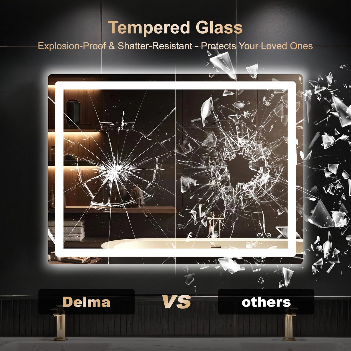 Delma tempered glass provides a clear, distortion-free reflection with enhanced safety.