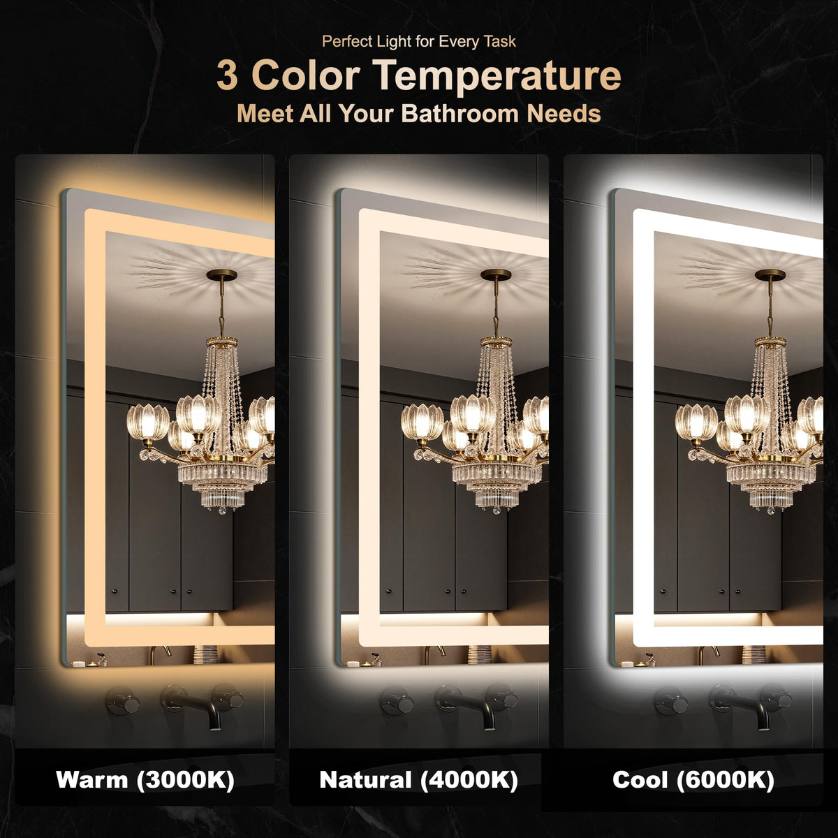 Delma mirror offers warm, natural, and cool lighting options to suit any time of day.