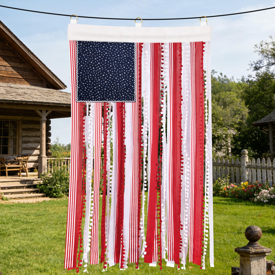 Deloky American flag banner 4x2-3ft closeup of fabric and tassels for outdoor decor.
