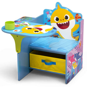 Delta Children Baby Shark chair desk with storage shown in a bright playroom, perfect for homework.