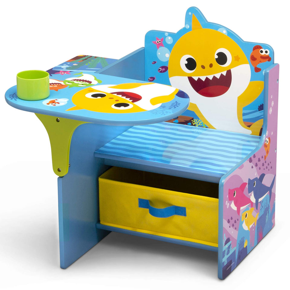 Delta Children Baby Shark chair desk with storage shown in a bright playroom, perfect for homework.