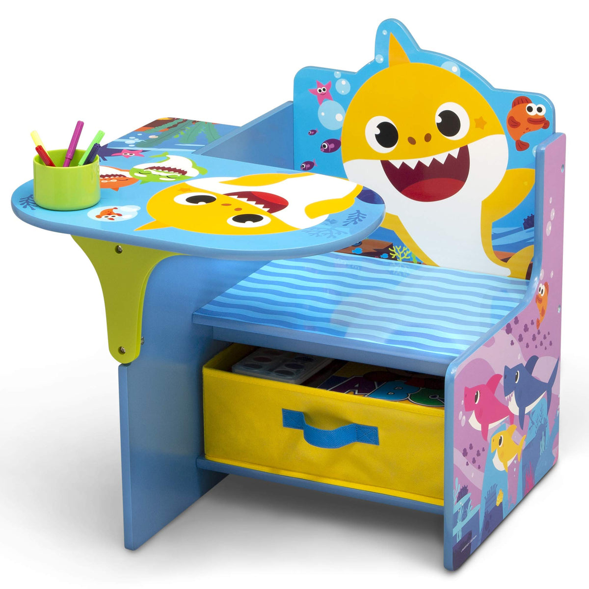 Delta Children built-in cup holder keeps markers within reach during learning.