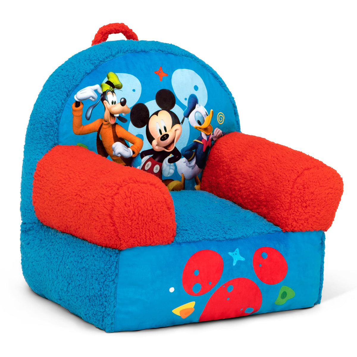 Delta Children Cozee Buddy Chair Mickey Mouse front view, inviting for reading and play.