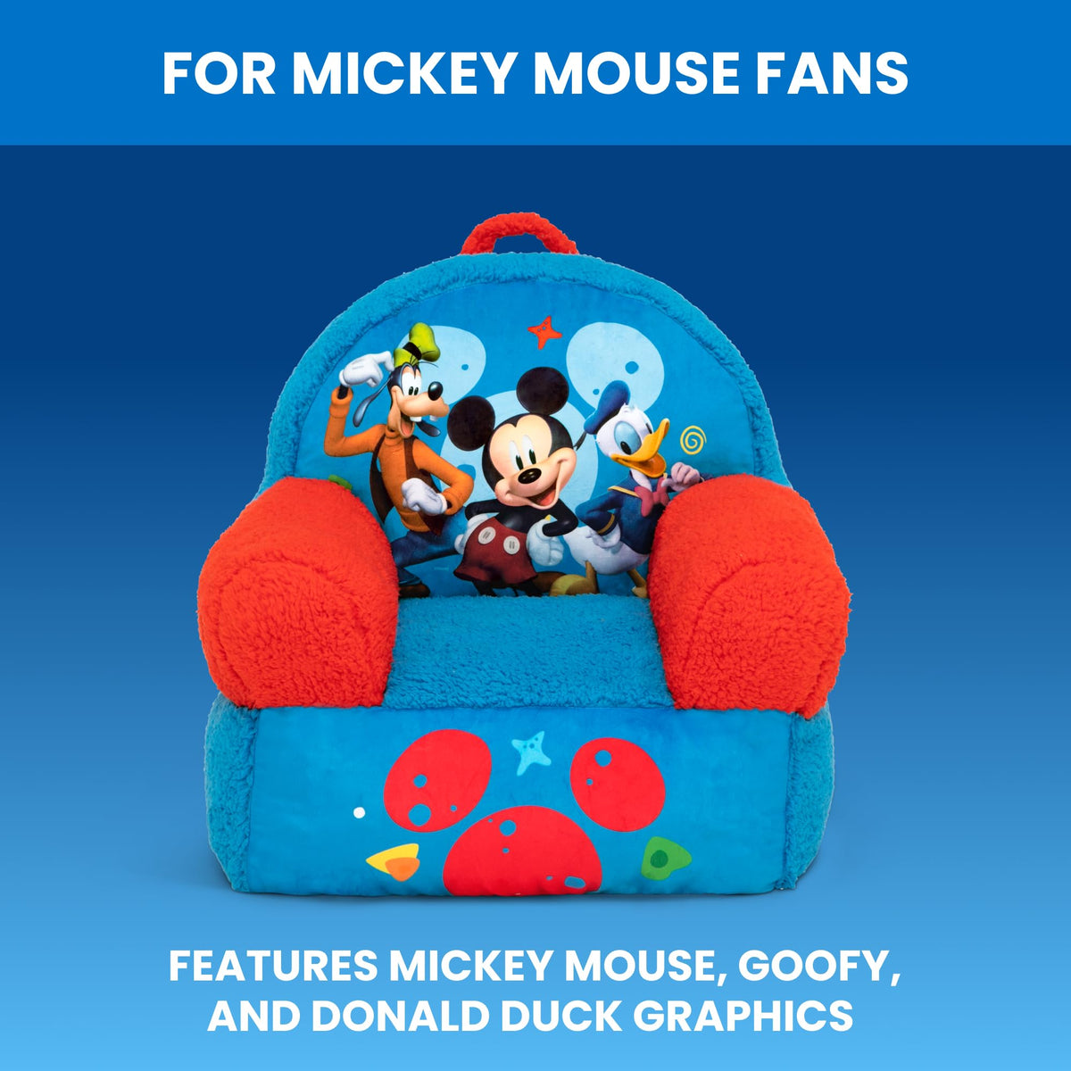Delta Children Cozee Buddy Chair Mickey Mouse graphics appeal to Disney fans.