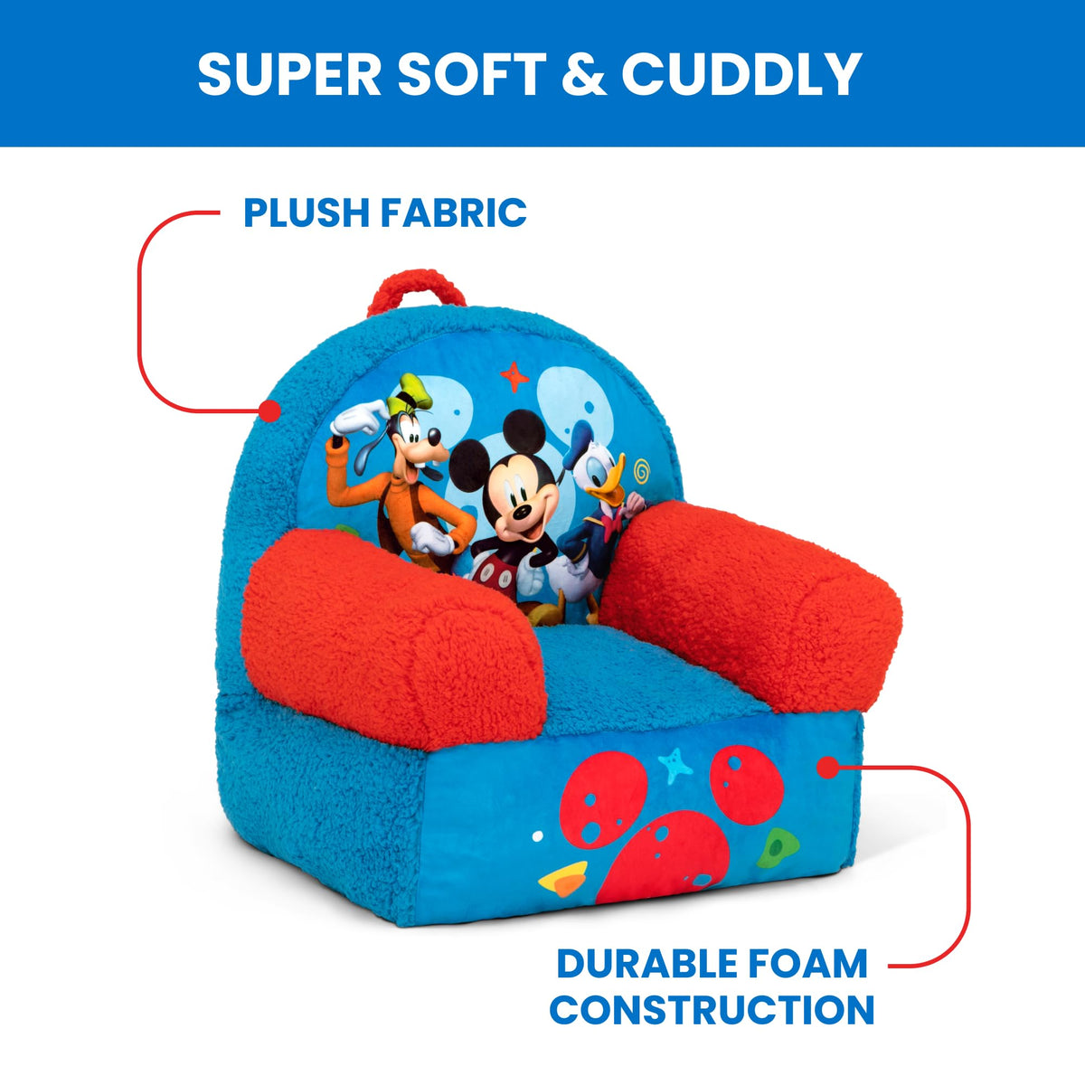 Delta Children Cozee Buddy Chair includes a handle for easy carrying.