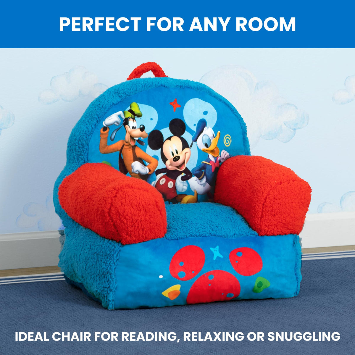 Delta Children Cozee Buddy Chair in a playful playroom setup with Disney style.