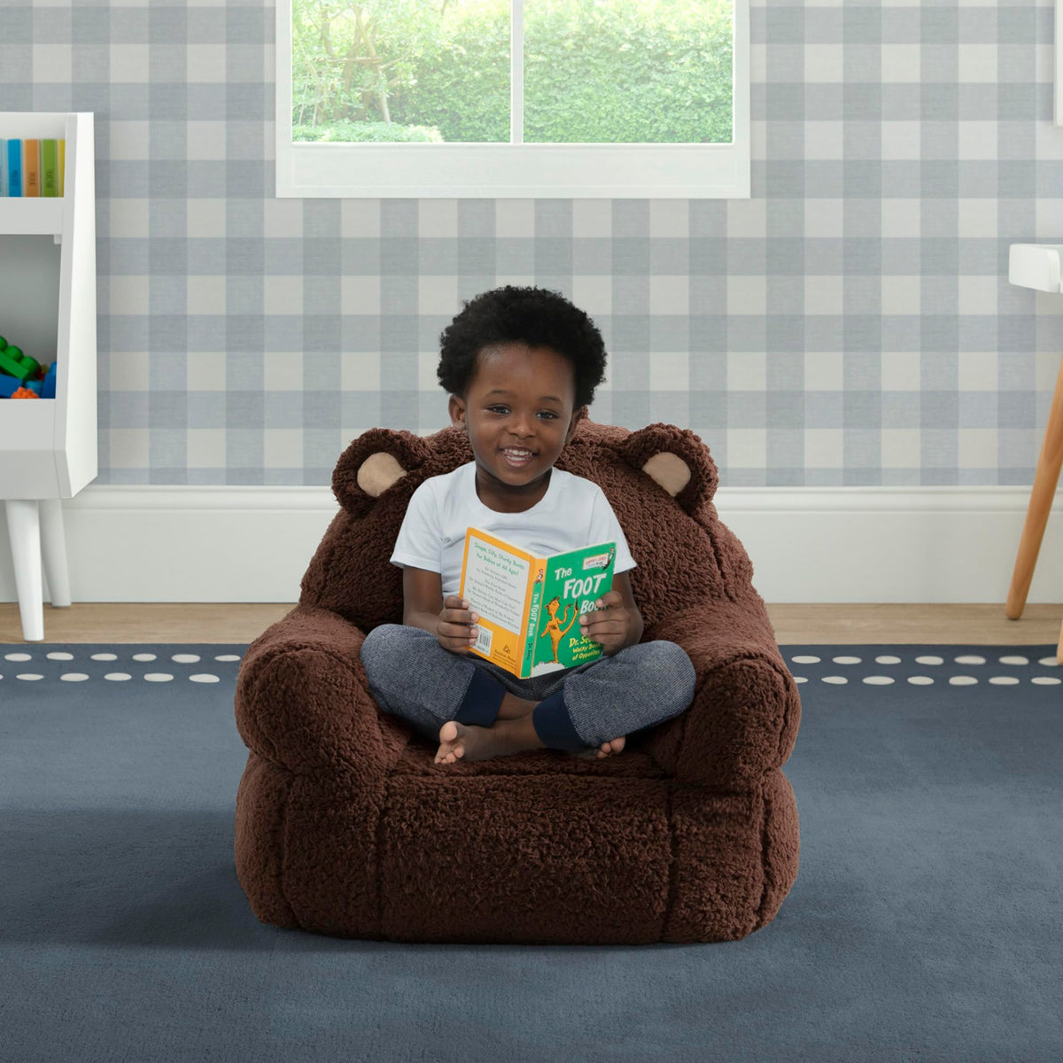 Delta Children Cozee Buddy Chair Monkey embroidery detail close-up showing durable stitching