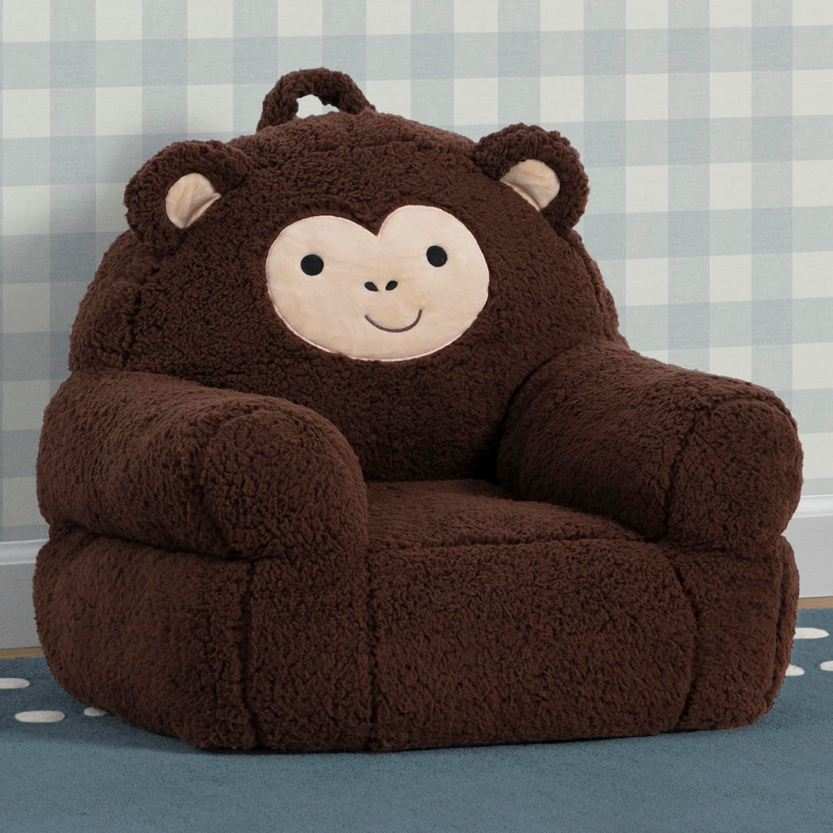 Delta Children Cozee Buddy Chair Monkey plush close-up for inviting texture and comfort