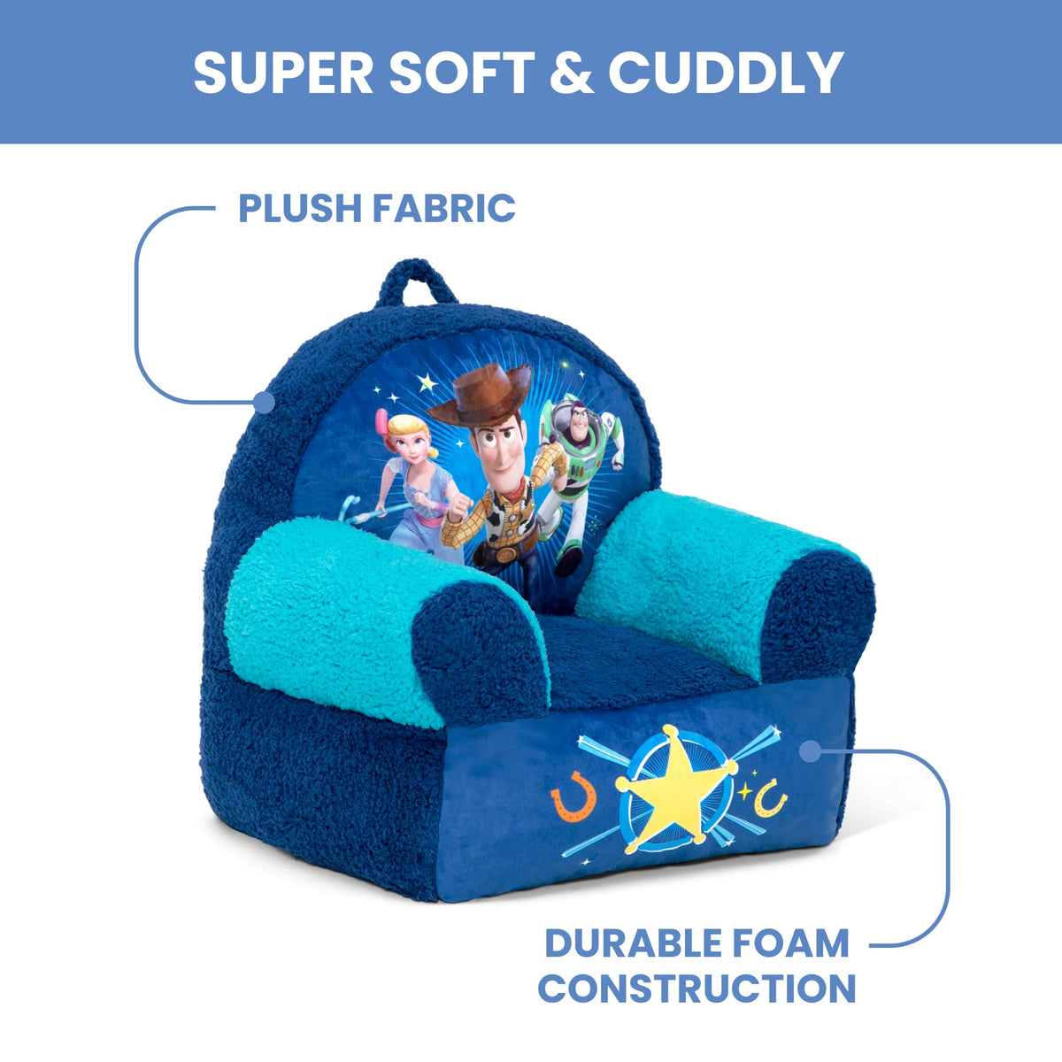 Delta Children Cozee Buddy Chair plush fabric close-up showing soft comfort.