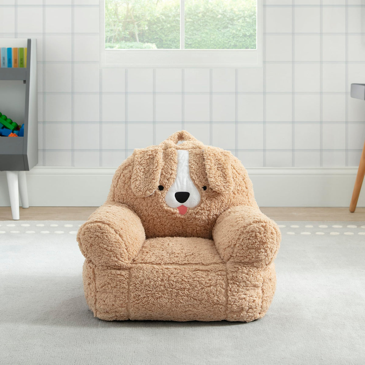 Delta Children Cozee Buddy Dog Chair side view, easy to move between rooms.