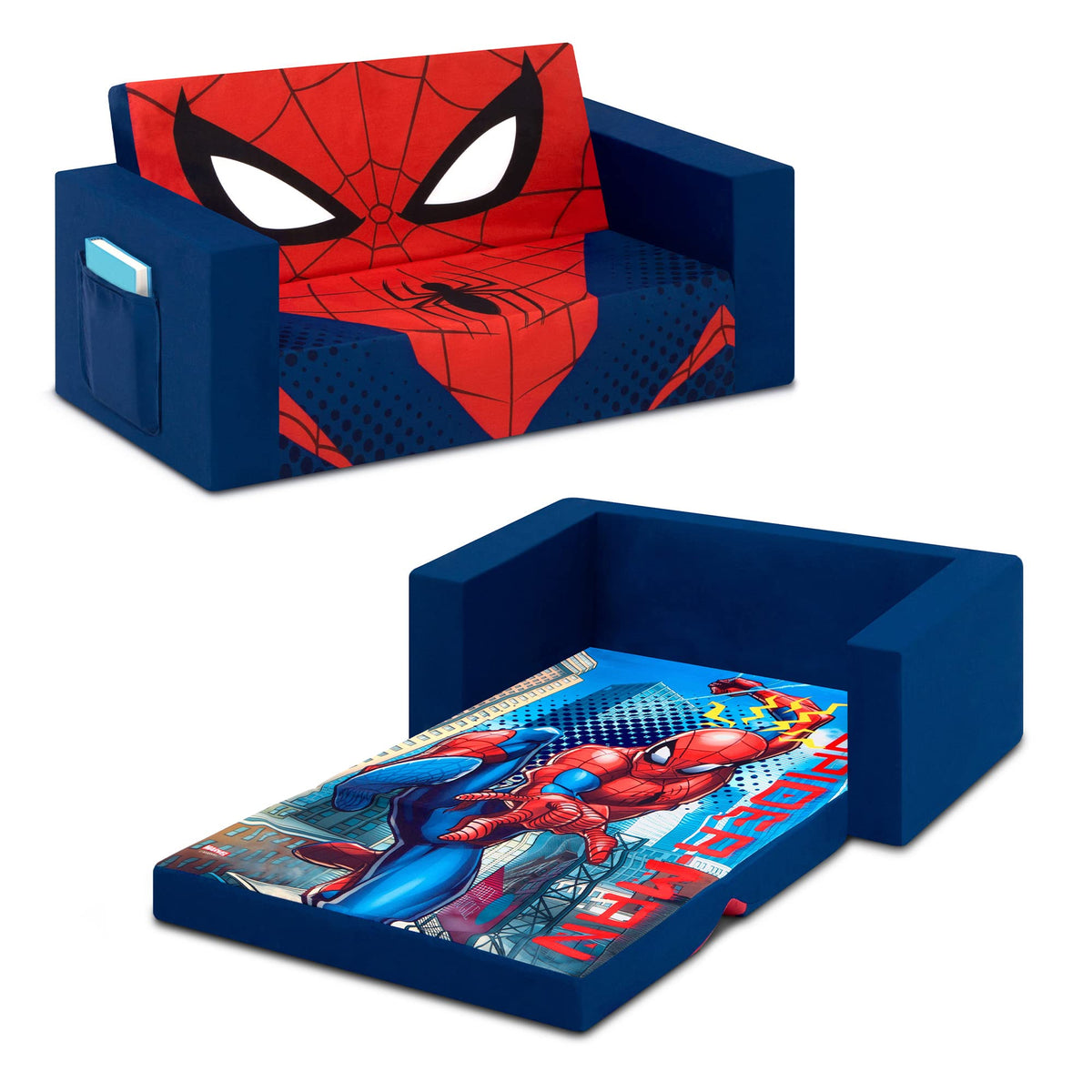 Delta Children Spider-Man Flip-Out Sofa front view for cozy reading moments