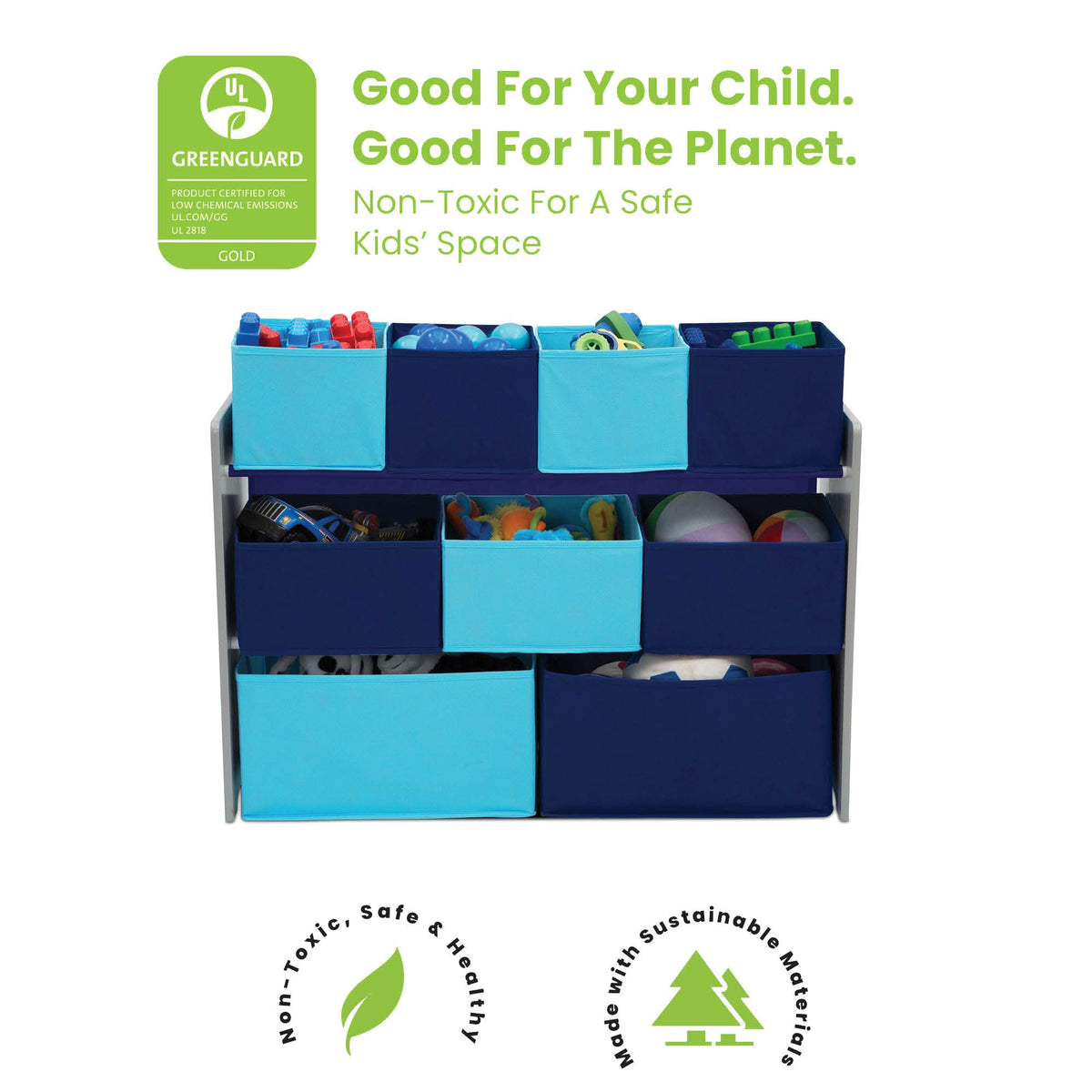 Delta Children Deluxe Multi-Bin Toy Organizer assembled dimensions show kid-friendly height