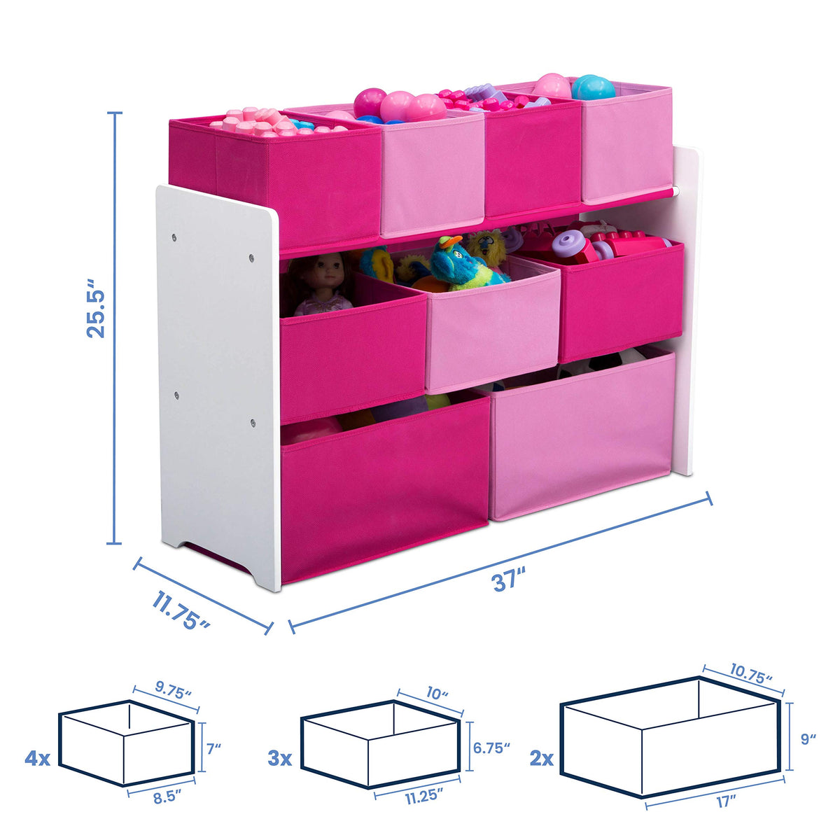 Delta Children deluxe multi-bin toy organizer bins arrangement featuring four small, three medium, two large bins